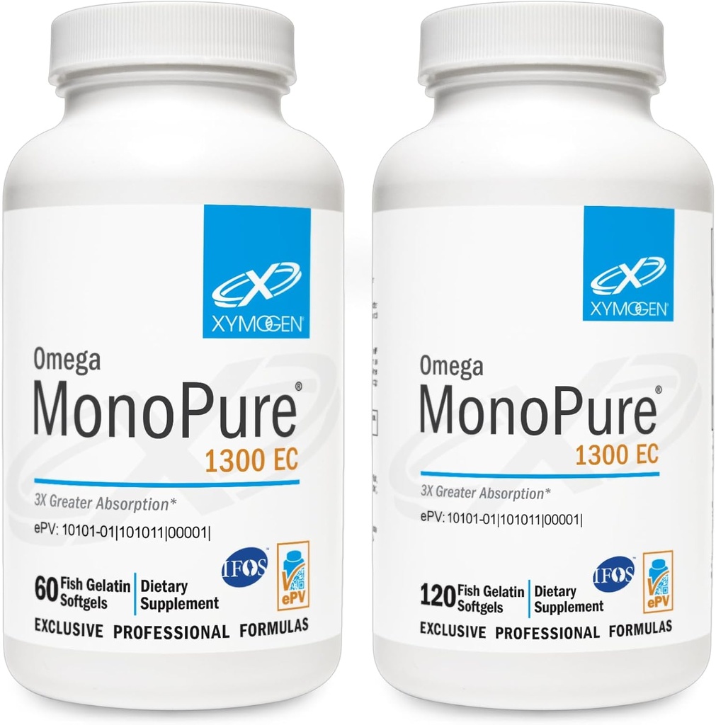 XYMOGEN Omega MonoPure 1300EC Bundle - 60 Softgels + 120 Softgels - Kalaöljy 3X Suurempi Imeytyminen - DHA EPA Omega 3 täydennysosa sydänterveys + kognitiivinen tuki