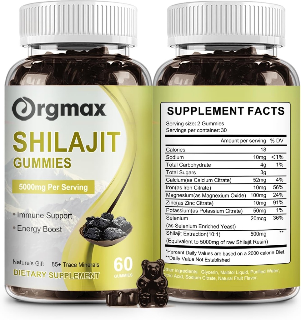 Shilajit Pure Himalayan Organic Shilajit Gummies, 5000MG Shilajit Supplement för män och kvinnor med 85+Trace Minerals & Fulvic Acid,Support for Focus, Energy & Immune, Non-GMO|60 Count,2 Packs