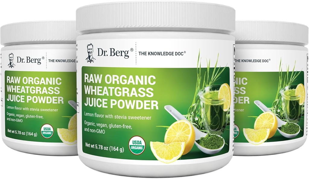 Tri Berg's Raw Wheatgrass Juice Powder (60 tarjoilua) - USDA Certified Organic Wheatgrass Powder w/ klorofylli, Trace Minerals & Natural Enzymes - Ultra-Centrated - Lemon Flavor w/ Stevia 3 Pack