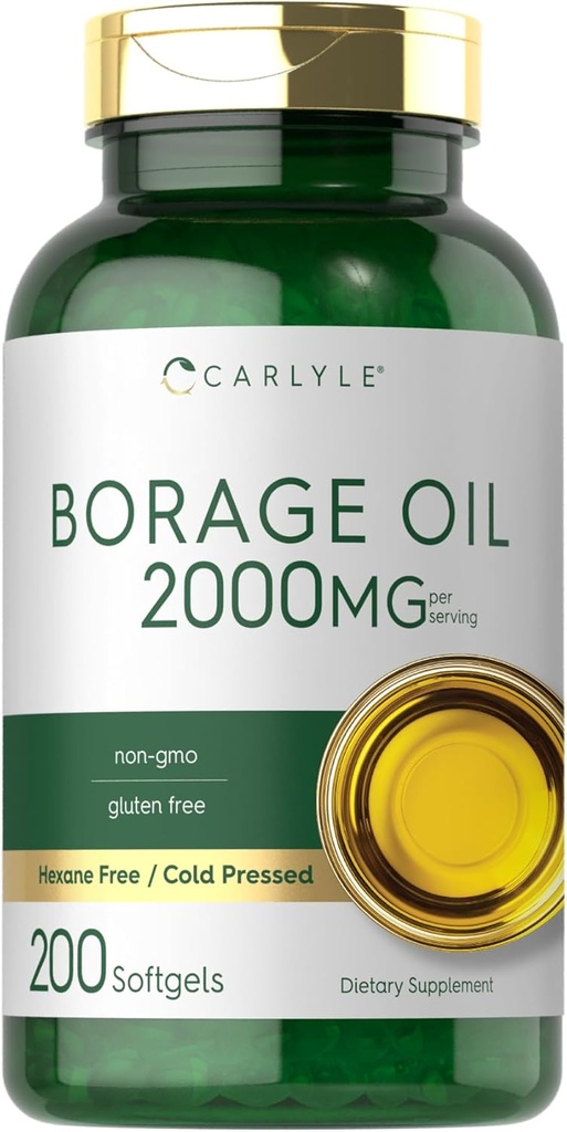 Carlyle Borage Oil Supplement . 2000mg... 200 Softgel- kapselit... 320mg GLA... Kylmäpuristettu ja heksaaniton...