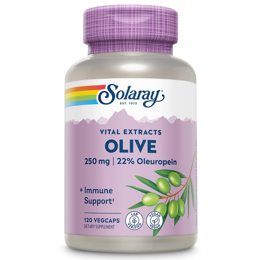 SOLARAY Olive 250mg - Olive Leaf Extract kapselit 22% Oleuropein, Plus sitruuna balm - Polyfenolit täydentää hyvinvointi tukea - Vegan, 60 päivän takuu, Lab vahvistettu - 120 Servings, 120 VegCaps