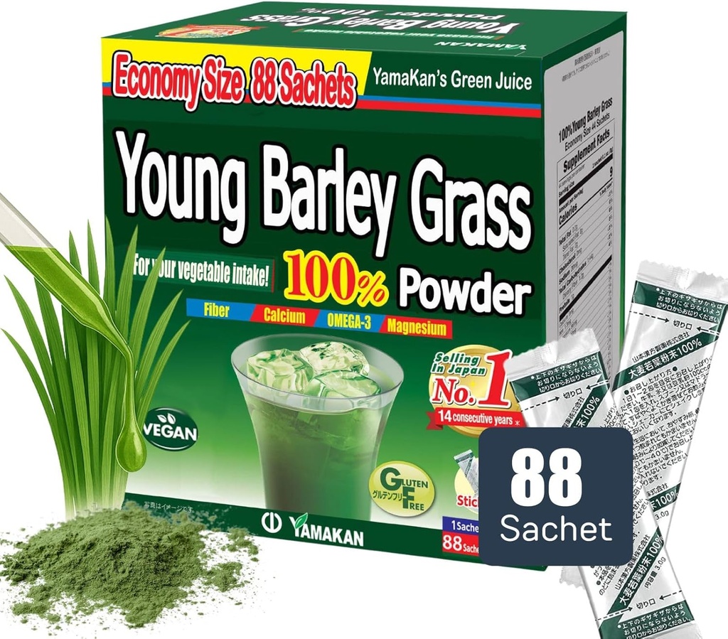 YAMAKAN Young Barley Grass Powder, Greens Superfood Powder Rich in Ravintoaineet, Minerals, Vitamiinit & Plant-Based Protein for Women & Men, Ohra Grass from Japan, Non GMO 88 Count