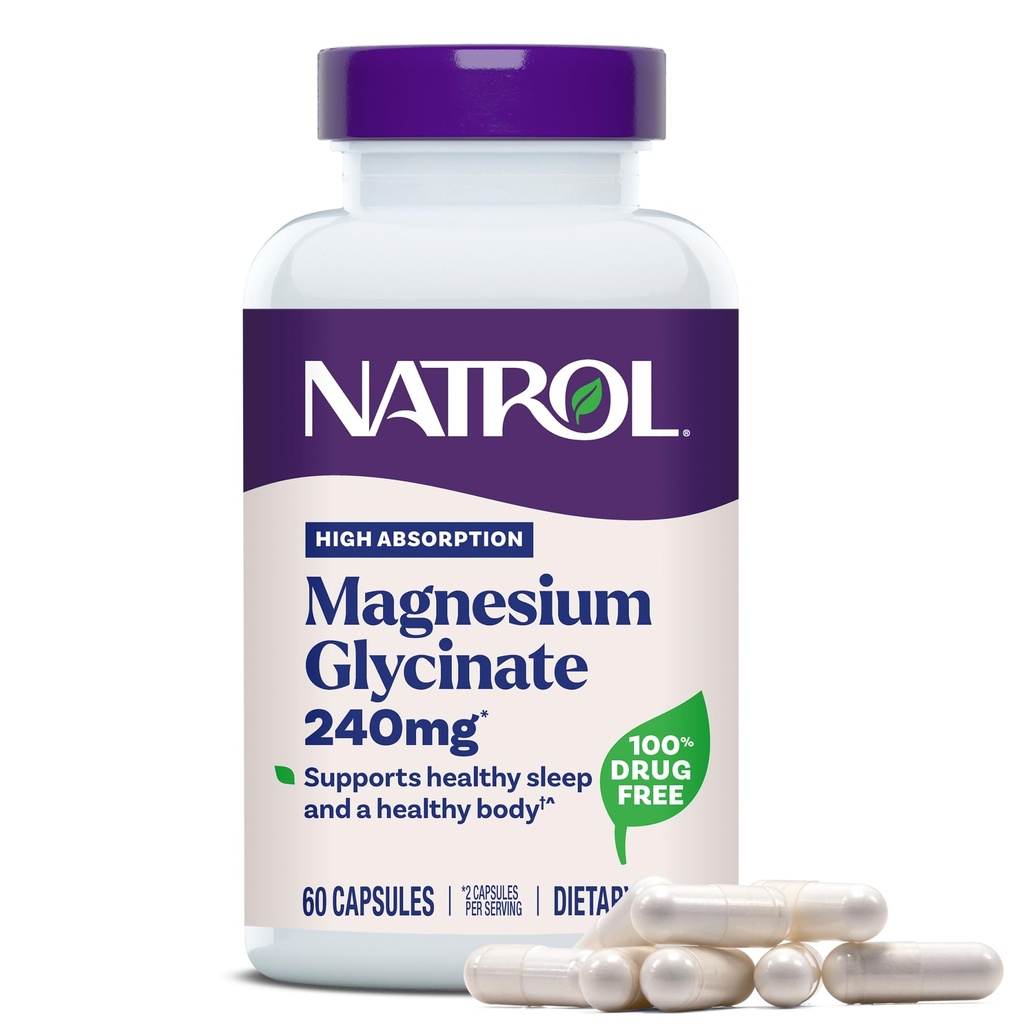 Natrol Magnesium Glycinate Supplements 240 mg - Hög Absorption - Calm Magnesium Glycinate för sömn - 60 kapslar, 30 dagars leverans