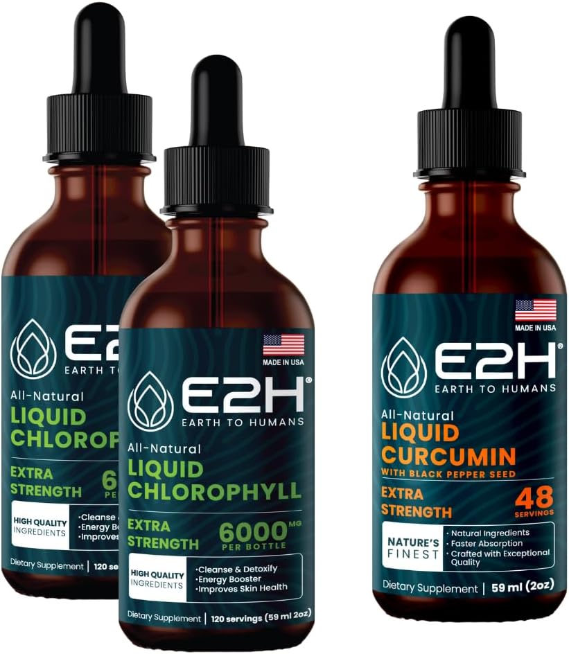 E2H: Chlorophyll Liquid Drops (2 Pack - 4 Fl Oz) och flytande gurkmeja Curcumin (Single Bottle - 2 Fl Oz) | Vegan, Non-GMO - (6 Fl Oz Total) - Bundle