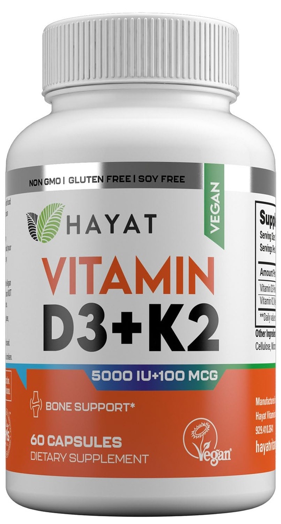 HAYAT-vitamiinit Vegaani D3+K2 (5000 IU + 100 MCG), luun, hampaiden, lihasten ja immuuniterveyden tuki, 2 kuukauden tarjonta, Certified Halal, 60 kapselia, valmistettu Yhdysvalloissa