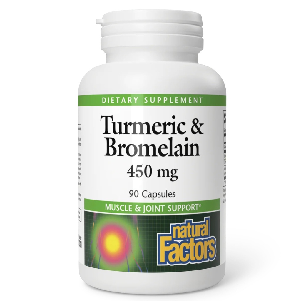 Luonnollinen tekijä, kurkuma ja bromimeliini 450 mg, lihas- ja niveltuki, 90 kapselia