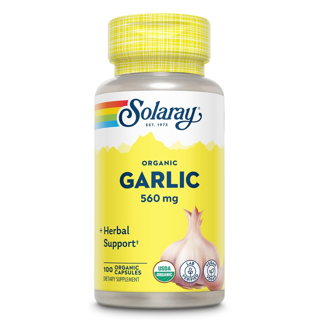 Solaray Organic Valkosipuli pillereitä - 560 mg Valkosipuli täydentää Heart Health Support - USDA Organic Valkosipuli kapselit - Vegaani - 60 päivän Money-Back takuu - 100 tarjoiluja, 100 VegCaps