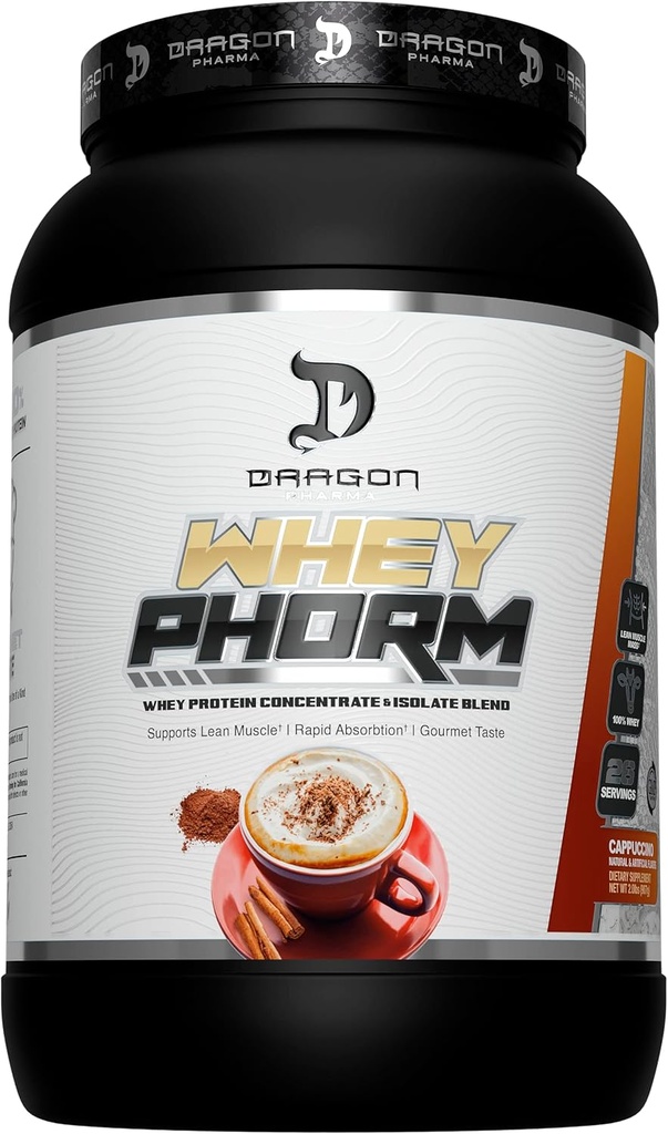 DRAGON PHARMA Whey Protein Blend, Fast Absorption, Gluten Free, 100% Whey Protein, WheyPhorm, Maximera Recovery, Great Tasting, 25 Grams of Protein (26 portioner, Cappuccino)