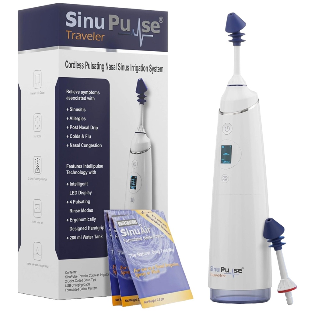 SinuPulse Traveler med 30 Sinuair Packets - Cordless Pulsating Nasal Irrigation Sinus Rinse System, Space Saving Cleaner & Relief Machine för resor, effektivare än Neti Pot eller Nose Spray Bottle