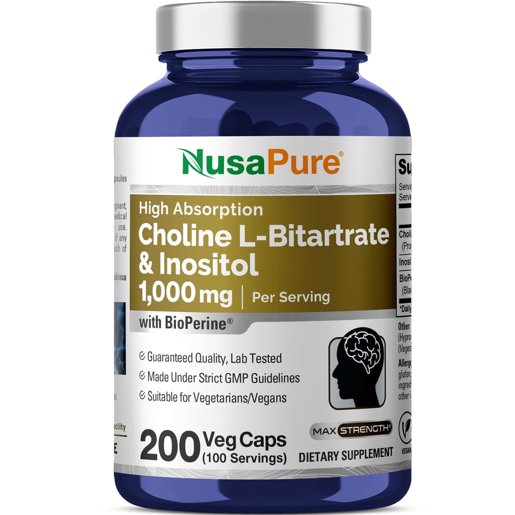 NusaPure Choline & Inositoli 1000 mg - 200 Kasviskapselia (100% Kasvissyöjä, ei- GMO) Bioperiini