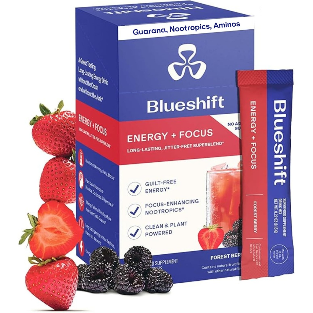 Blueshift Energy + Focus - vähemmän makea Super Clean Plant-Based Energy Drink aikuisille, Guarana, vihreä tee, rhodiolia, kofeiini, B-vitamiinit Clarity & Focus, Ei sokeria - jauhetikkuja (10 pakkaus)
