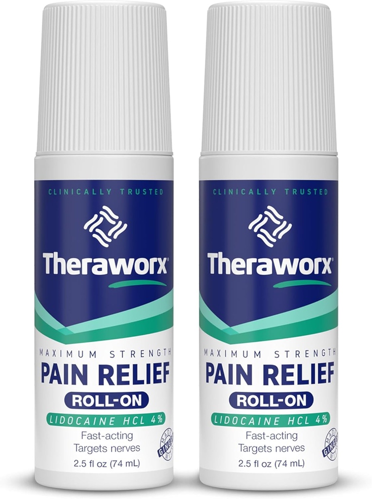 Theraworx Maximum Strength Pain Relief Roll-On kanssa lidokaiinia, nopeasti vaikuttava - 2,5 Oz - 2