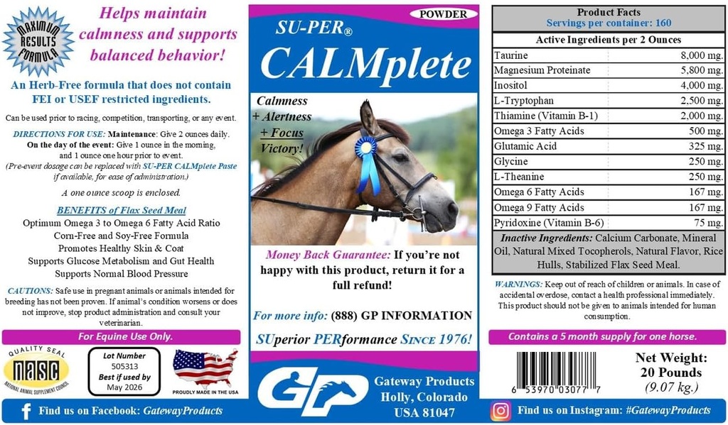 SU-PER CALMplete Calming Horse Supplement - Upprätthåll lugn och balanserad beteende - Thiamine, Tryptophan & Magnesium - 20 pund, 5 månaders leverans (150 dagar)