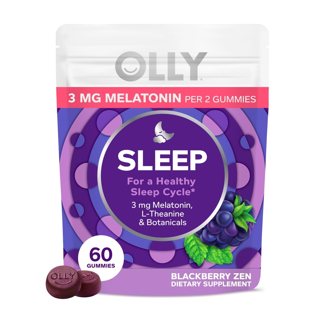 OLLY Sleep Gummy, 3 mg melatoniinia, L-Theaniinia, kamomillaa ja sitruunan balmauutteita, Blackberry Flavor, 30 päivän tarjonta - 60