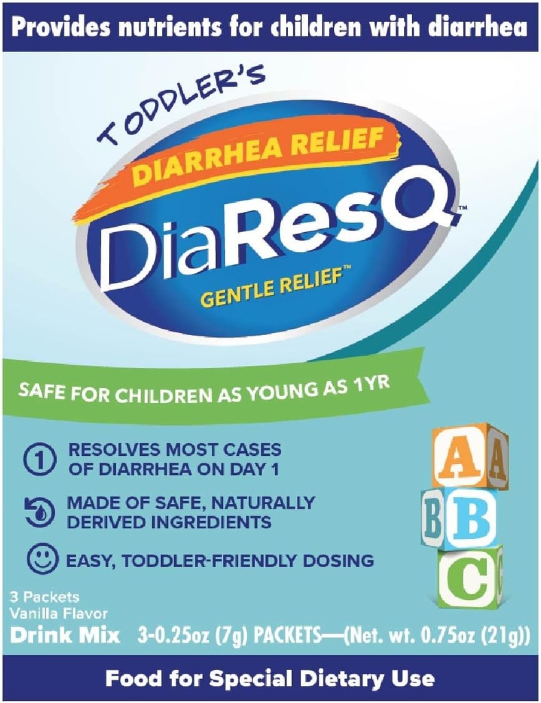 DiaResQ Ripuli- ja immuunituki Colostrum Drink Mix lapsille (1+ vuotta) Pakkaus 3, Hellävarainen helpotus, auttaa palauttamaan normaalin suoliston toiminta, Antibiootti & lääkevapaa, gluteeniton, Vanilla Flavor