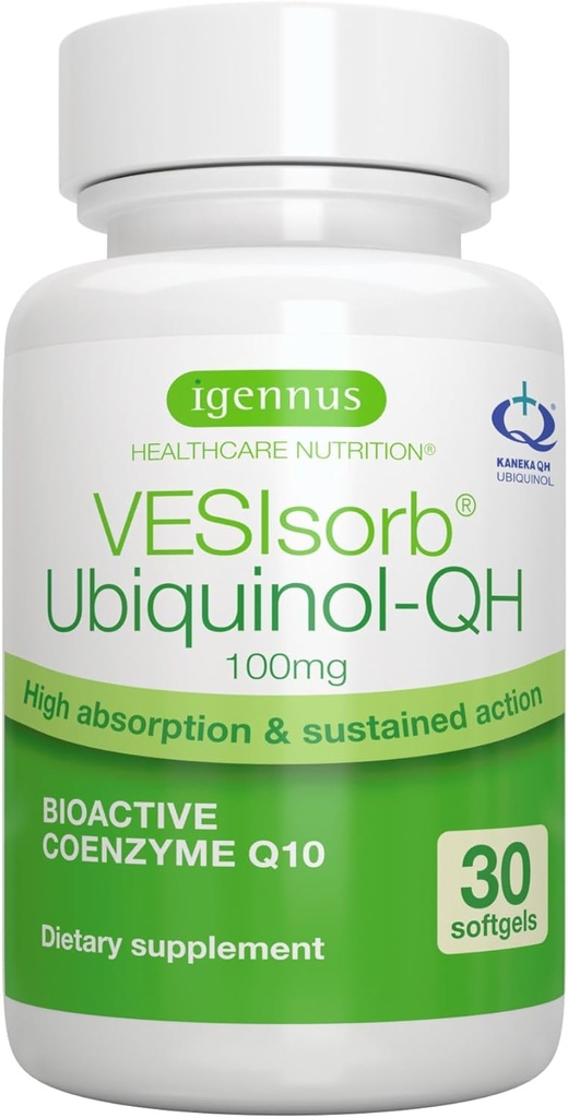 Igennus Advanced VESIsorb Ubiquinol 100mg 30 Softgels, 600% Bioavailability, Fast-Acting Water-Soluble Coenzyme Q10 Supplement för energi och hjärta, 1-månaders leverans