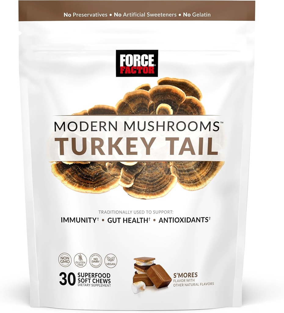 FORCE FACTOR Modernit sienet Soft Chews, Turkey Tail Mushroom Supplement of Support Immuniteetti, Ruoansulatusterveys, ja elinvoima, antioksidantteja täydentää, herkullinen S. Mores Flavor, 30 pehmeät purut