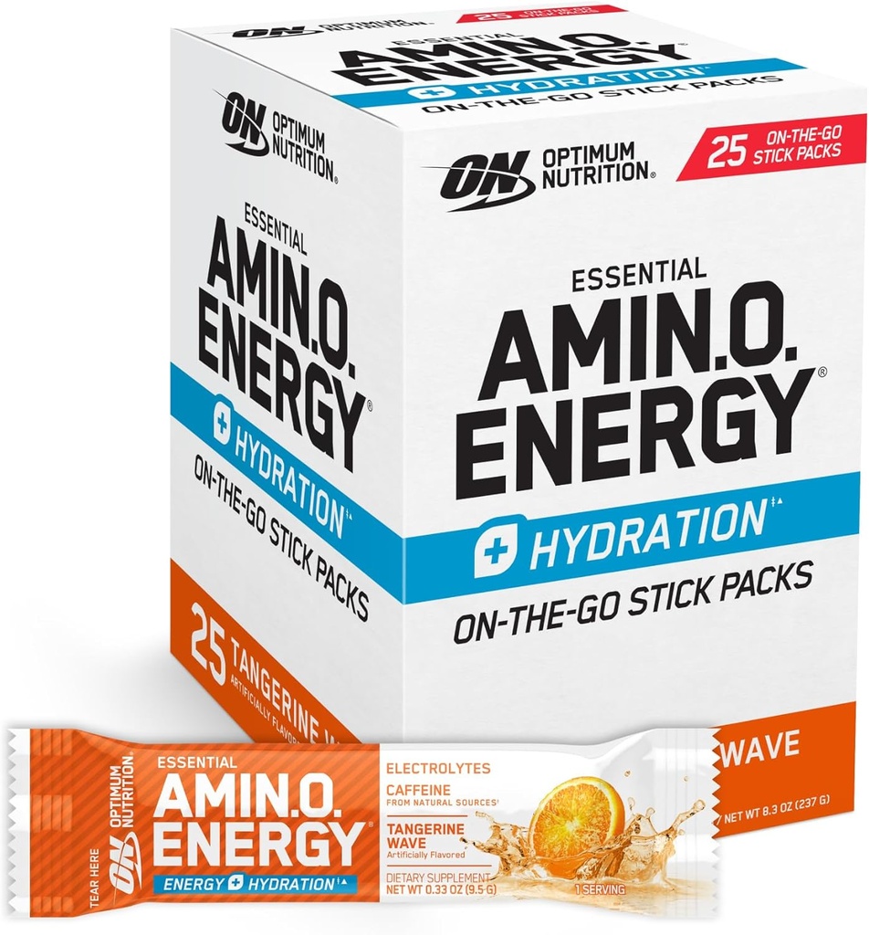 Optimum Nutrition Amino Energy Hydration Packets, On-Go Energy Powder Stick Packs, Tangerine Wave, 25