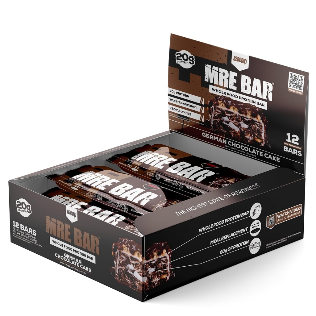 REDCON1 MRE Protein Bar, saksalainen suklaakakku - sisältää MCT öljyä + 20 g koko ruokaproteiinia - helposti digestible, Macro Balanced Low Sugar Meal Replacement Bar (12 Bars)