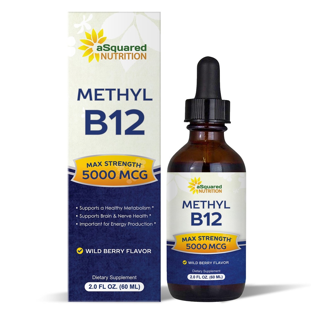 aSquarted Nutrition B12 sublingual Liquid Drops - 5000 MCG täydennysosa metyylikobalamiini (Metyyli B-12) - Max Imeytyminen B 12 lisätä energiaa - Vegaani ystävällinen - 2 fl oz