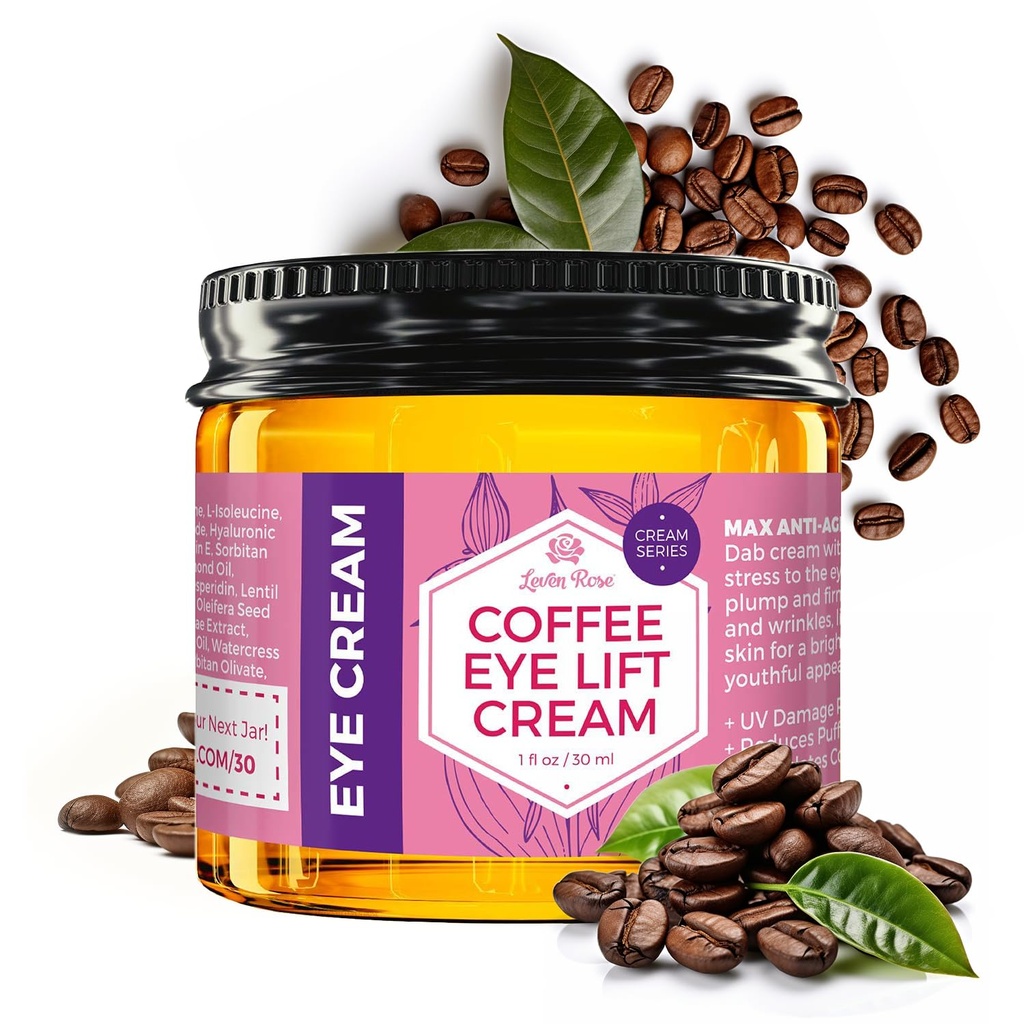 Leven Rose Lifting Coffee Eye Cream med koffein 1 uns - Naturlig lösning för mörka cirklar och puffiness - Firming Anti-Aging under ögonbehandling