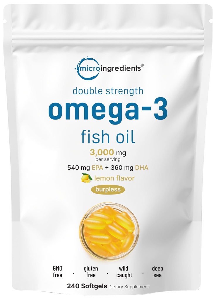 Micro Ingredients Omega 3 Fish Oil Supplements 3.000mg Per Servering, 240 Softgels | Lemon smaksatt - Burpless | EPA 540mg + DHA 360mg | Deep Sea Fish
