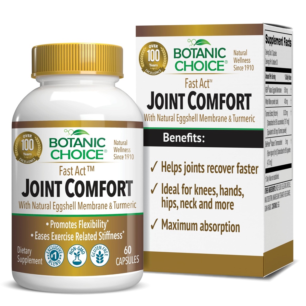 Kasvitieteellinen valinta Fast Act Joint Comfort kanssa NEM Natural Eggshell Membrane, Turmeric Curcumin, Bioperine, & White Willow Bark, tukee yhteistä terveyttä, 60 500 mg kapselit