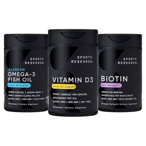 Urheilu Tutkimus Triple Strength Omega 3 Burpless Fish Oil 1250mg Wild Alaska Pollock, D3-vitamiini 5000 IU Coconut MCT Oil (125mcg) ja Vegan Biotin 5000 mcg B7--30 Softgels