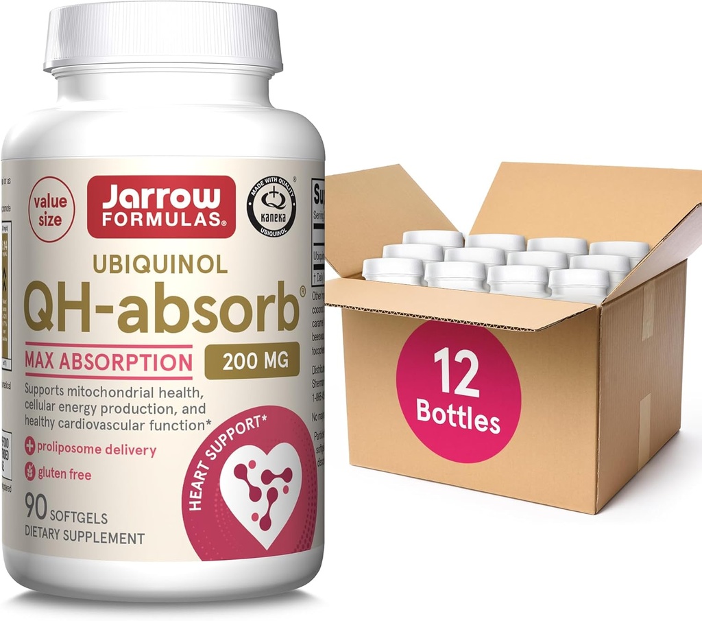 Jarow Formula QH-Absorb Ubiquinol 200 mg, ravintolisä, tuki Mitokondrion terveys ja terve sydän-ja verisuonitoiminta, 90 Softgels, Jopa 90 päivän tarjonta(Pakkaus 12)