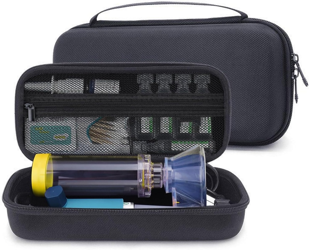 Kova matka tapauksessa astma inhalaattori, Spacer lapsille ja aikuisille, Naamarit, Inhalaattori Hold Portable kantolaukku varastointi Järjestäjä Mesh Pocket for Medicine, Allergialääkkeet, Ventolin Inhaler (CASE VAIN)