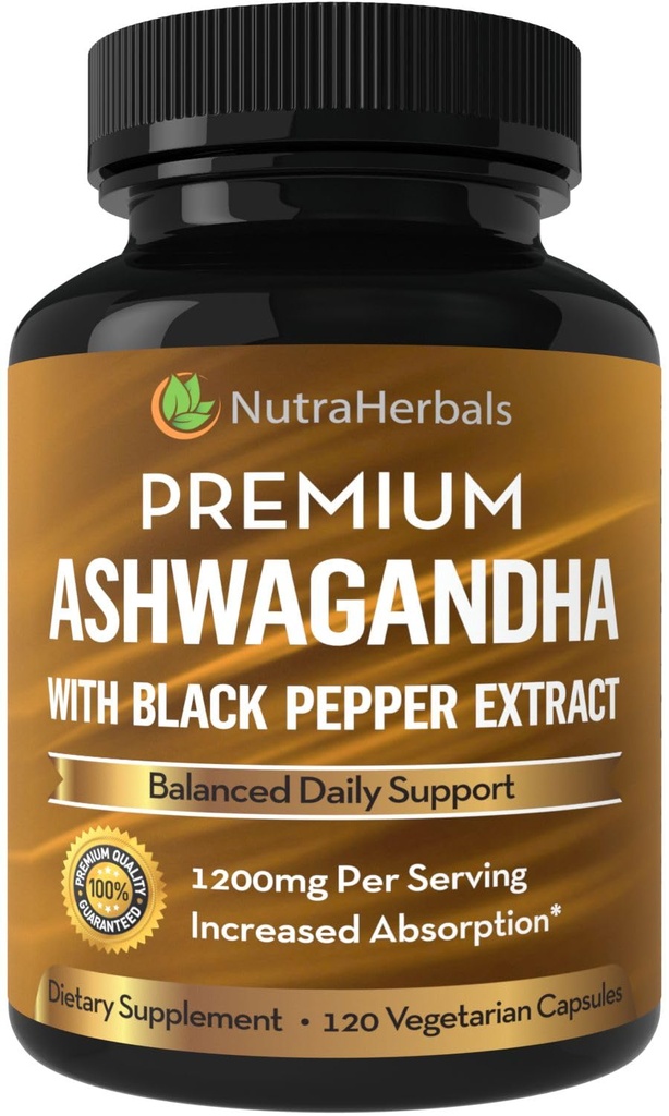 Ashwagandha Supplement Made med Premium Ashwaganda Root Powder 1200mg med Black Pepper Extract för ökad absorption - 120 Vegi Capsules