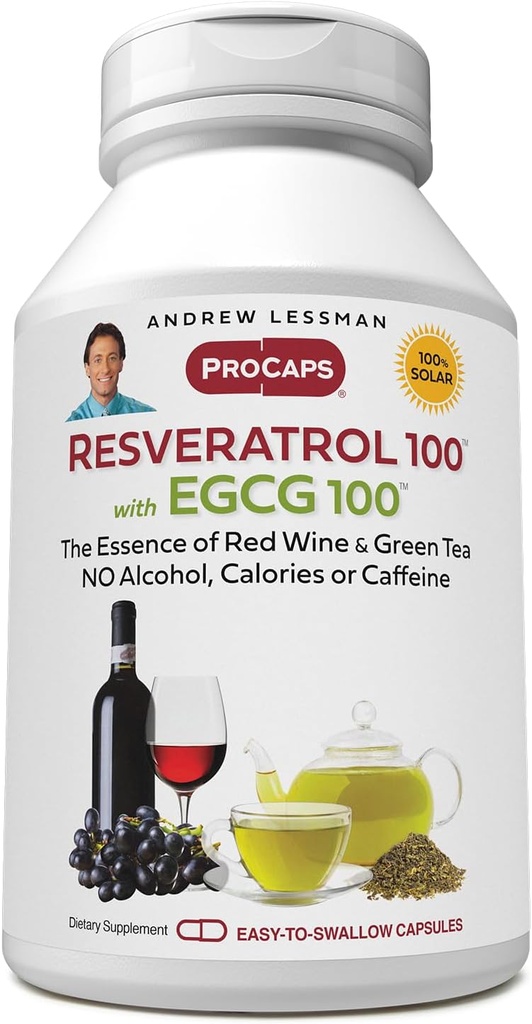 ANDREW LESSMAN Resveratrol- 100 EGCG 100mg - 360 kapselia - kaksi luonnossa esiintyvää antioksidanttia ilman alkoholia tai kofeiinia.