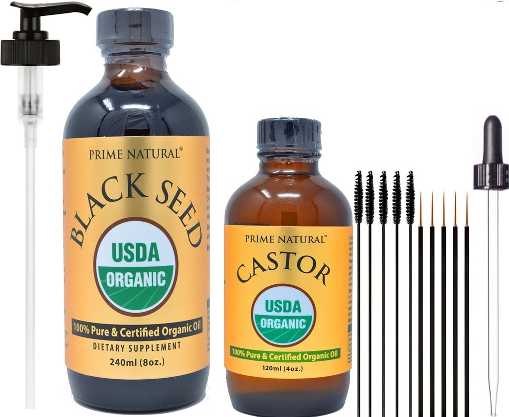PRIME Natural Organic Black Seed Oil & Organic Castor Oil - 2 Oil Bundle - USDA Certified - Cold Pressed, Neitsyt, Jalostamaton, Vegan, Ei GMO, Ei säilöntäaineita