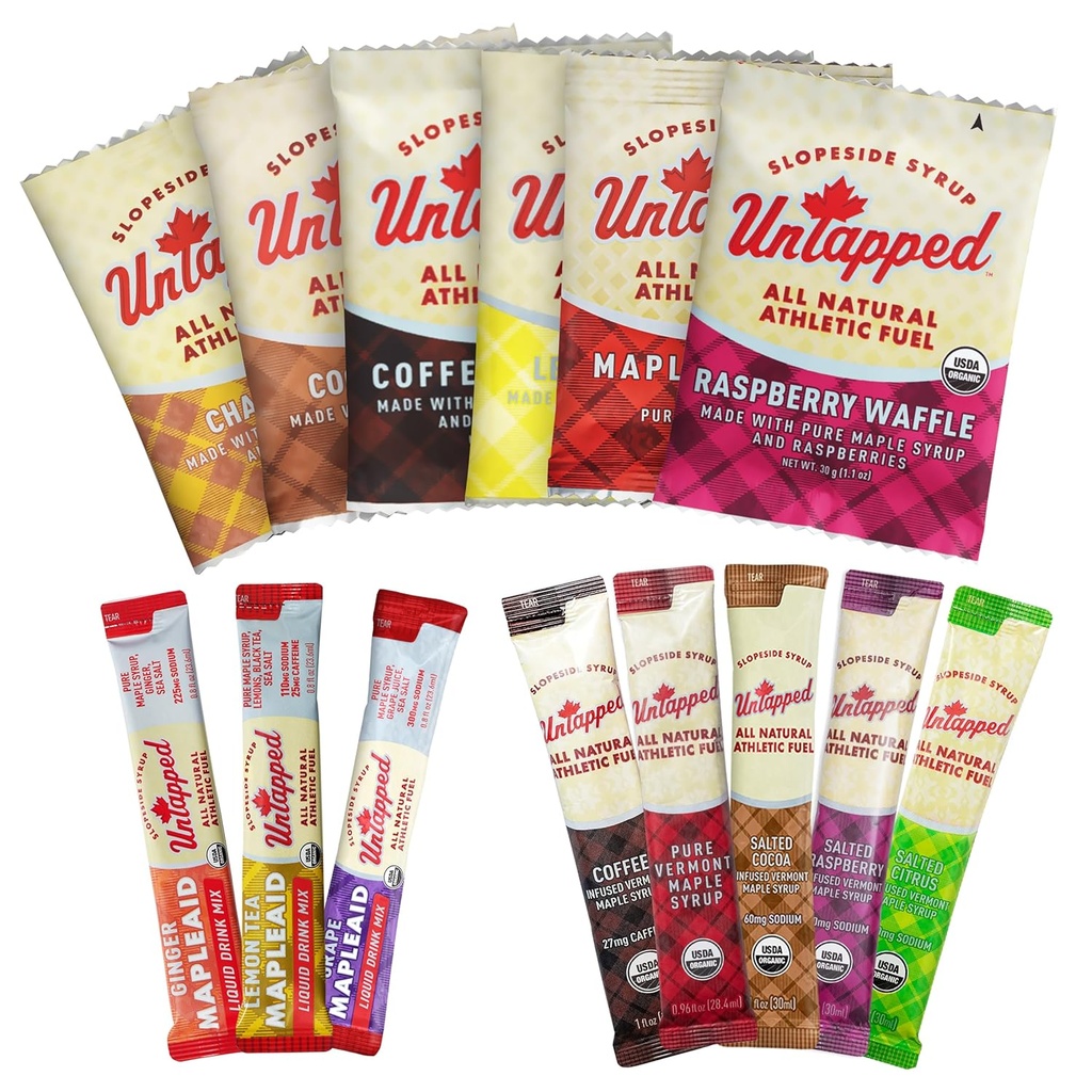 UnTapped Sample Pack - 14 Individuellt inslagna paket | Inkluderar All-Natural Maple Syrup, Vegan Stroopwafels & Hydration Mixes | Assorted Pack for Sustained Energy & Recovery | USDA Organic Certified