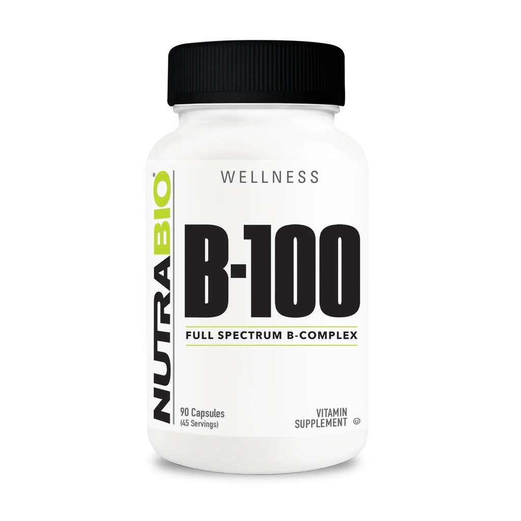 NutraBio B-100, B-vitamiinikompleksi, immuunijärjestelmän tuki, terveet hiukset, iho, kynnet, 90 Vihanneskapselit