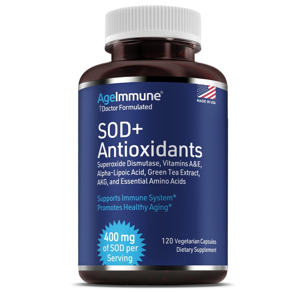 SOD Antioxidanter Komplex Hälsosam Åldrande Tillägg - 400 mg Superoxid Dismutase - Alpha Lipoic Acid - Grönt Te Extract - L-Arginin - Lysin - AKG - Vitaminer A och E för Immune Support-120 kapslar