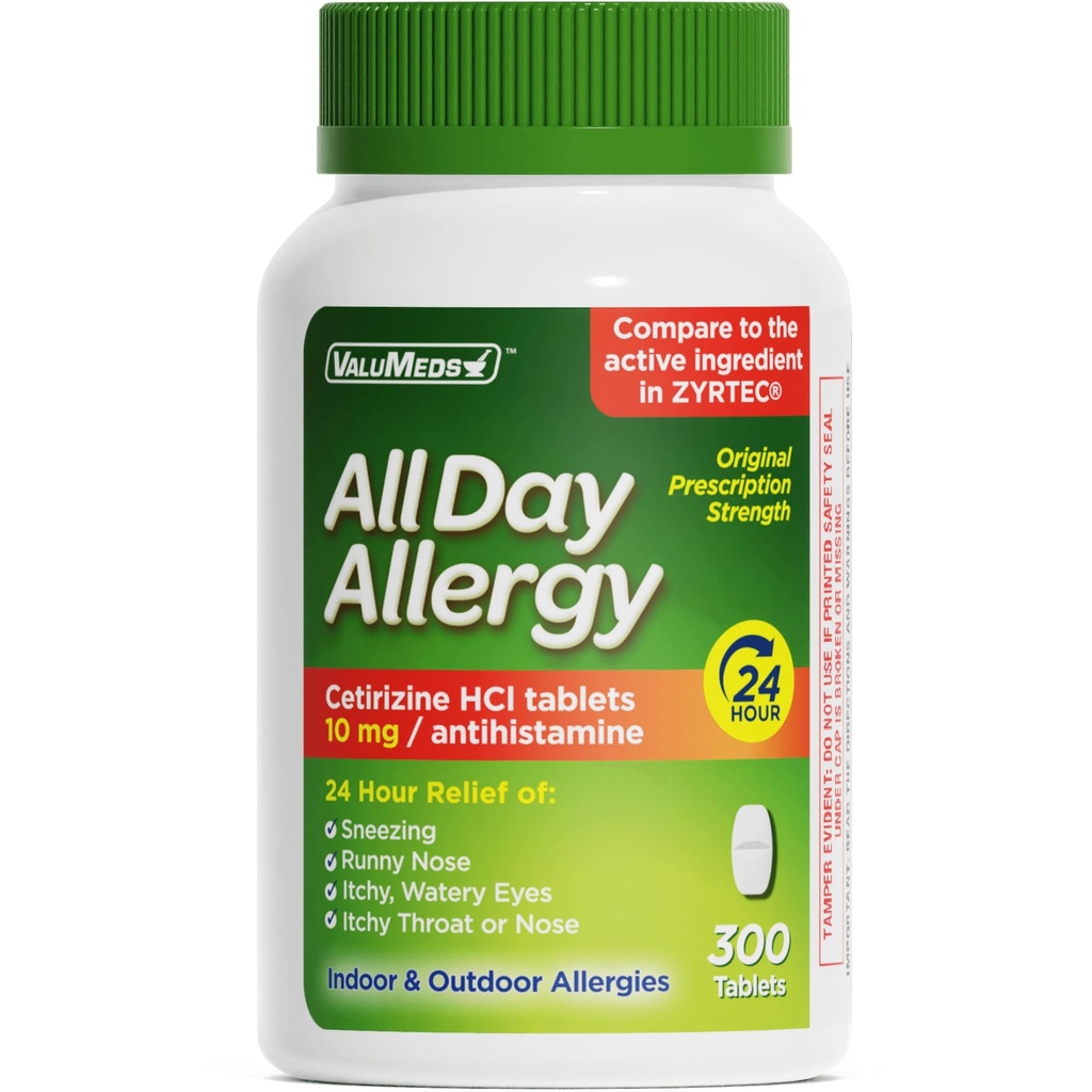 ValuMeds 24-timmars allergimedicin Antihistamin för Pollen, Hay Fever, Dry, Itchy Eyes, Allergier | Cetirizine HCl 10mg Caplets, Jämför med ledande varumärke (300 greve)