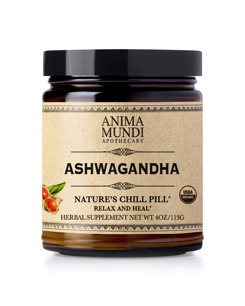 Anima Mundi Ashwagandha Powder - Organic Ashwagandha Root Powder Sourced från Indien - Vanligtvis känd som indisk Ginseng Root Powder - Calming Herbal Supplement - Lägg till Tea, Kaffe & Mer (4oz / 113g)