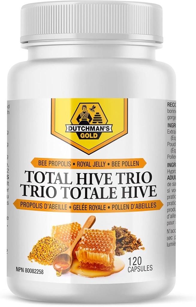 Dutchman's Gold Total Hive Trio Kapselit - 120 Veg Caps Noin 30-60 Tarjoilut - Bee Pollen Royal Jelly & Propolis täydennysosa - Superfoods antioksidanttien immuunitukea - Natural Honey Mix