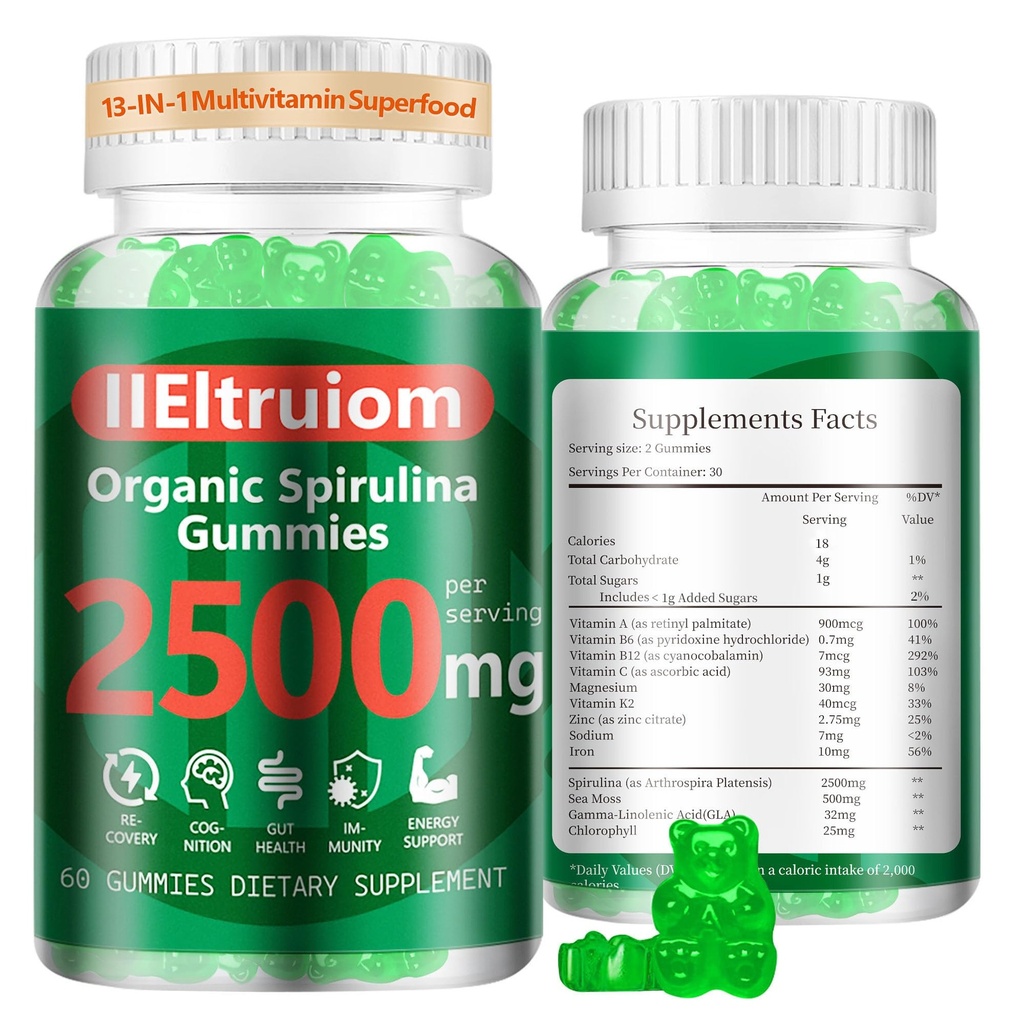 Organic Blue Spirulina Clorella Gummies, 13-in-1 Super Greens & Superfoods, Spirulina 2500mg Enhanced Daily Energy with Sea Moss, klorofylli, GLA, Gluteeniton, 60 Vegan Gummies