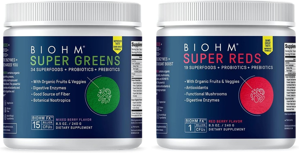 BIOHM Super Reds and Greens Bundle, Superfood Powder with Probiotics and Digestive Enzymes, pakattu antioksidantteja ja polyfenoleja, Allergen Free, ei-GMO, Vegan - 30 Servings Jokainen