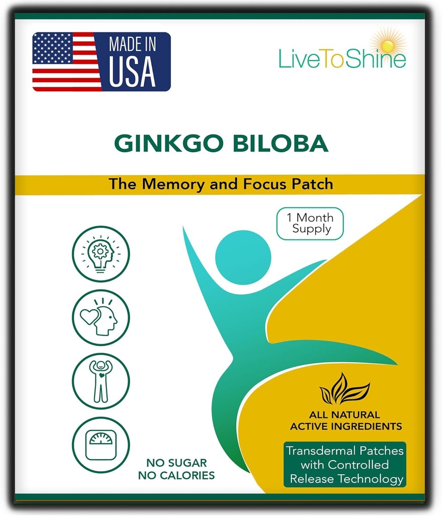 Live to Shine Ginkgo Biloba Patch - 30 Gingko Transdermal Patchs - Yhden kuukauden tarjonta naisille ja miehille - USA Made
