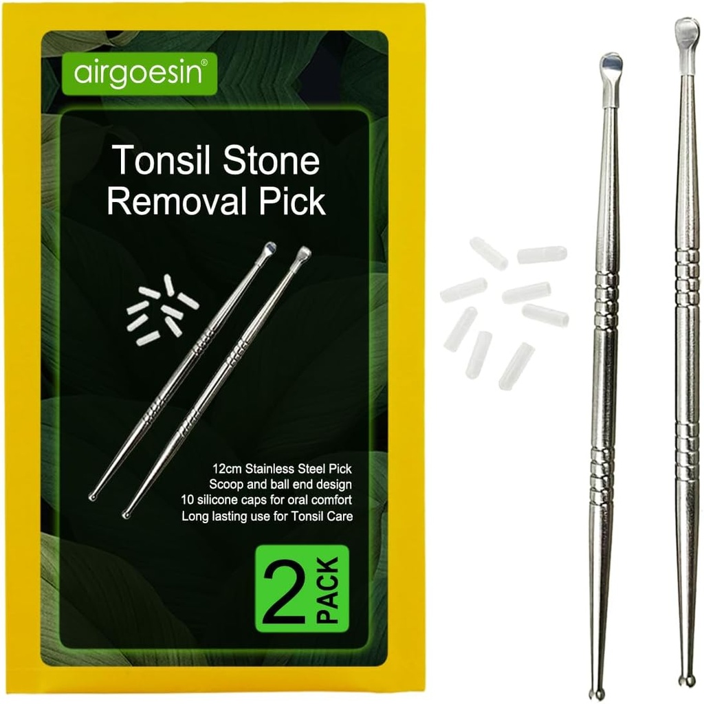 Airgoesin 2kpl Tonsil Stone Removal Pick Tonsillolith Premium Tool Ruostumaton teräs suupuhdistusaine 10 pehmeä silikonikorkit