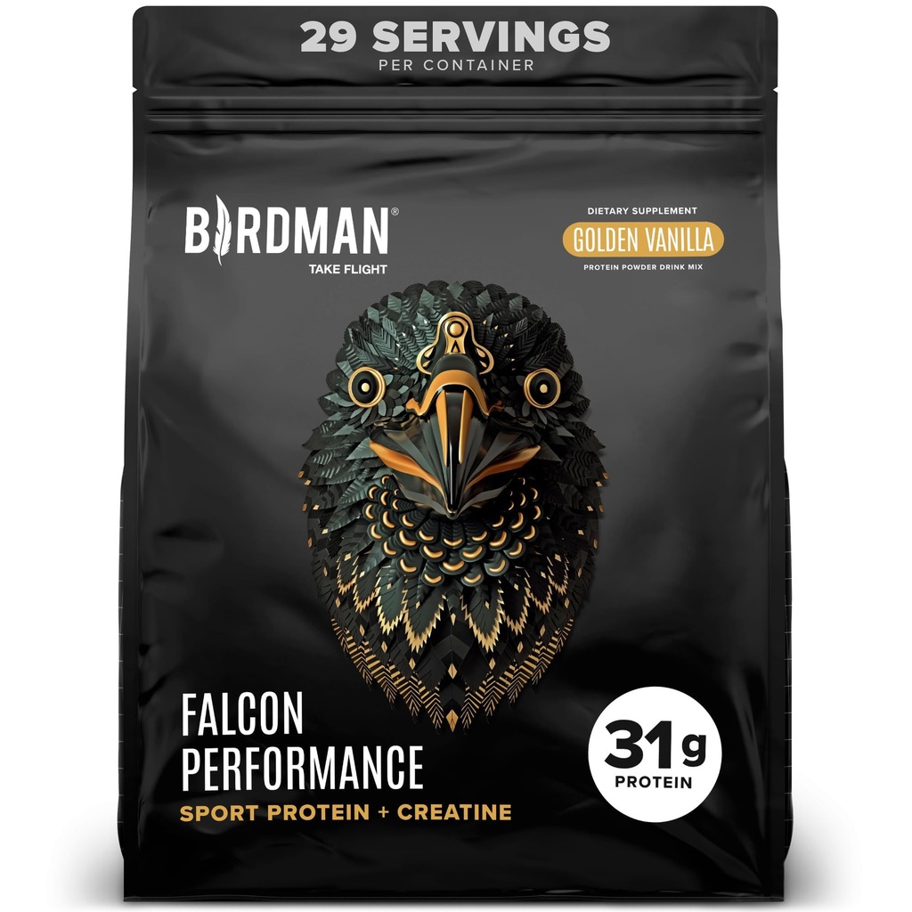 BIRDMAN Falcon Performance Vegan Protein Powder, 31g Protein, 5g Creatiini, 5g BCAA, Probiootit, Electrolyytit, Esitreenaaminen, Low Carb, Sokeriton & Dairy Free, Plant Based Vanilla Protein, 29