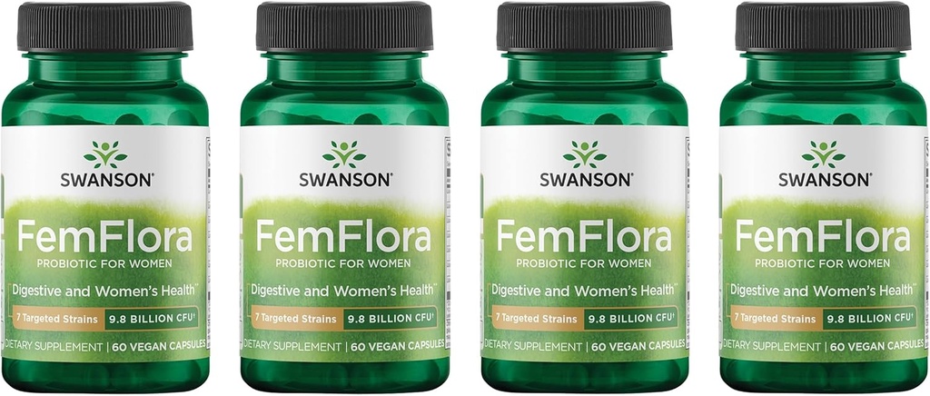 Swanson FemFlora - Feminine Probiotic Supplement Tuki Flora of The Mouth, GI Tract, ja Vagina - Probiootit naisille 9 miljardia PMY per kapseli - (60 kapselia) (4 pakkaus)