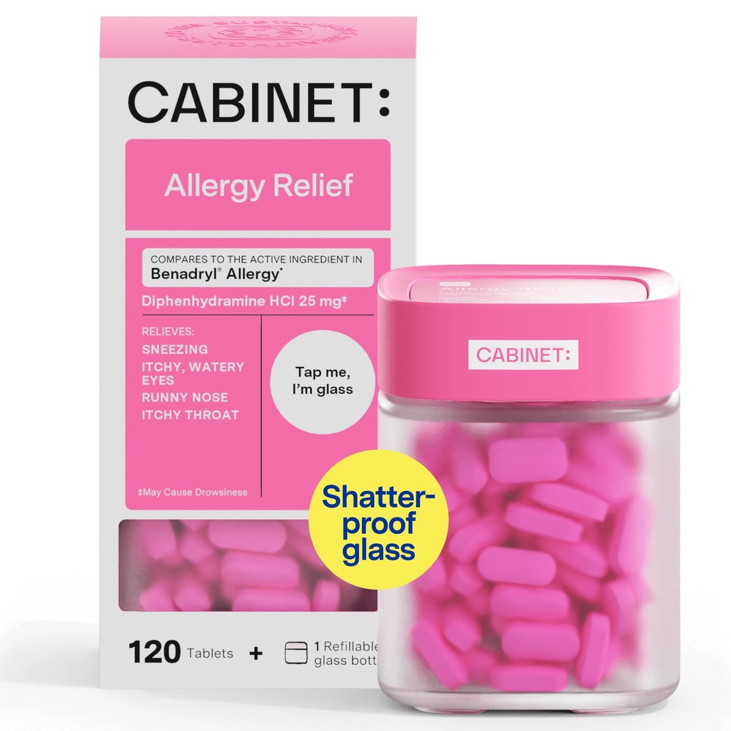Skåp: Diphenhydramine 25mg Allergy Relief Antihistamin tabletter för allergier, Hay Fever och Runny Nose, 120 tabletter (Refillable Glass Bottle)
