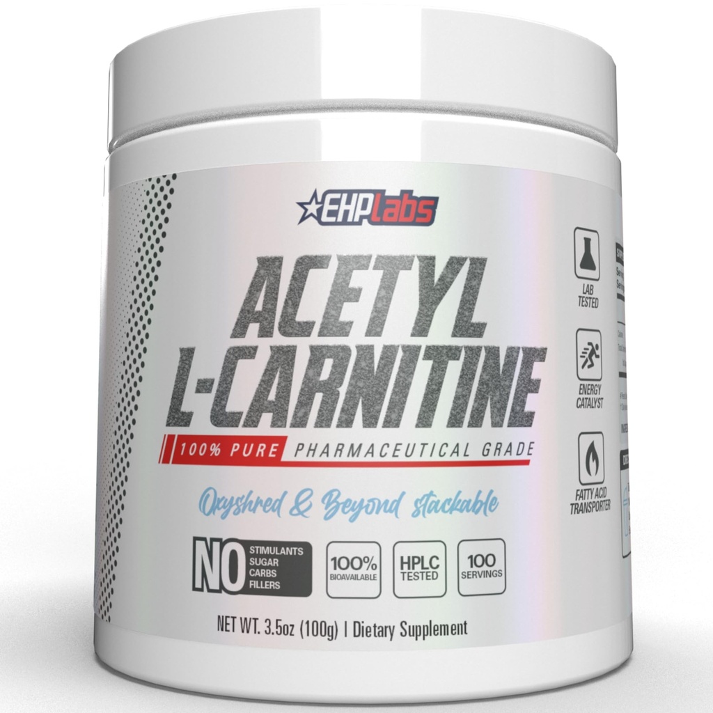 EHP Labs Acetyl L Carnitine Powder - Tukee luonnonenergian tuotantoa, Assistentit terveissä aivoissa toiminto, Tukee Heart Health, Vegan, Gluteeniton, Ei GMO - 100 tarjoilua