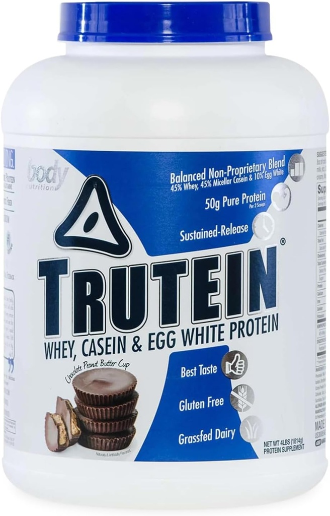 Body Nutrition Trutein High Protein Powder: 45% Whey, 45% Casein, 10% Egg White Protein Shake Mix, Gluten-Free, Low Sodium, Low Carb Protein Supplement för män och kvinnor, Chocolate Peanut Butter, 4lb