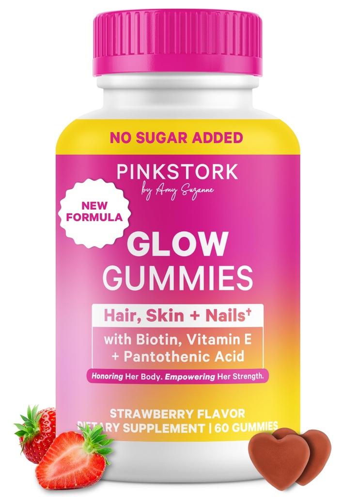 Vaaleanpunainen Stork yhteensä Glow Gummies naisille hiukset, iho ja kynnet vitamiini Biotiini, A-vitamiini, B6, B12, Folate, Sinkki & enemmän ... Tuki Radiant iho, vahvat kynnet, ja terveet hiukset 60 karhu Gummies