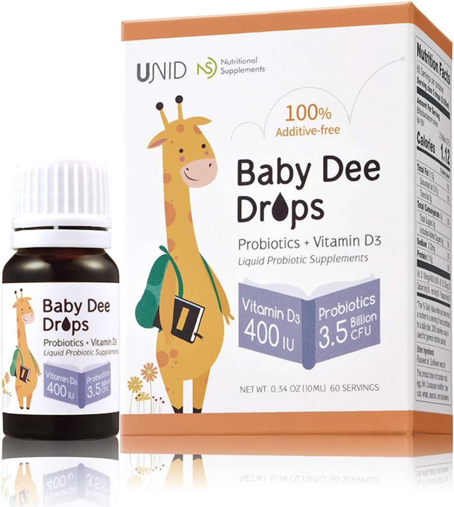 BabyDee Drops Probiootit (3, 5 miljardia PMY) + D3- vitamiini (400 IU) ... 100% Additive-free Liquid Probiootti & Vitam D3-vitamiini imeväisille, pikkulapsille, & kaikenikäisille...